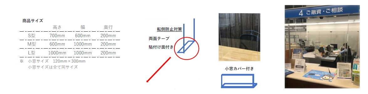 新型コロナウイルス（COVID-19）対策　飛沫（ヒマツ、飛散（ヒサン）防護仕切板使用イメージ、サイズ　サンプル